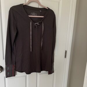 Waffle-Knit Lace-Up Long Sleeve Top in Brown